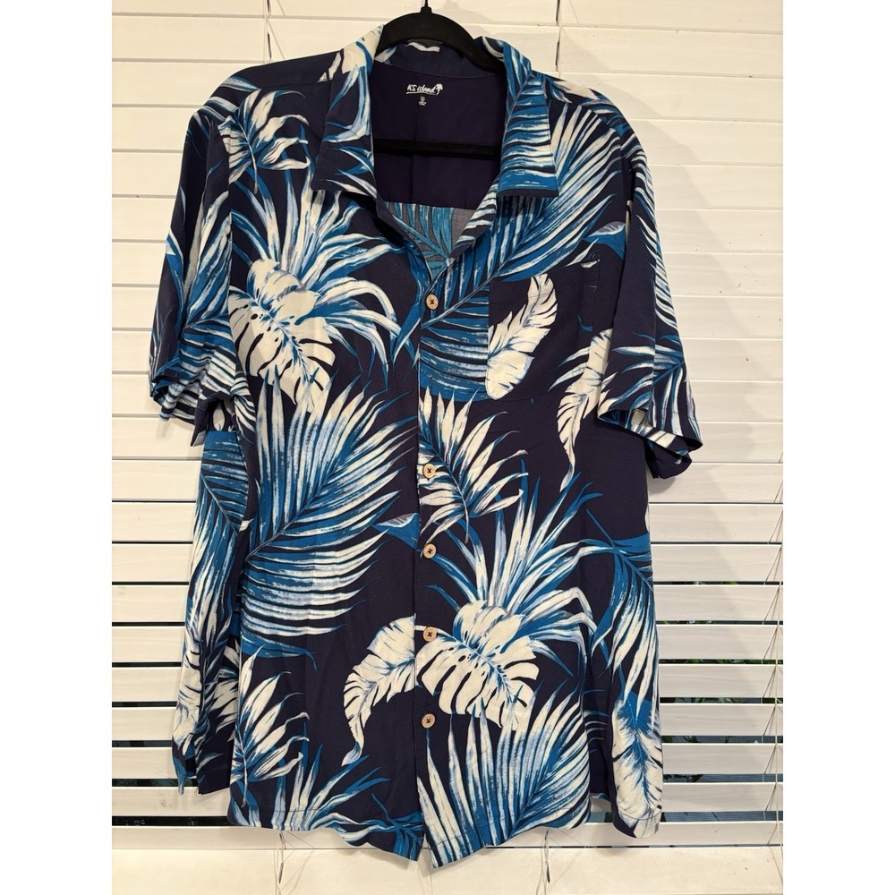 KS Island Shirt Mens XL Big Blue White Hawaiian Aloha‎ Rayon Button Up Tropical